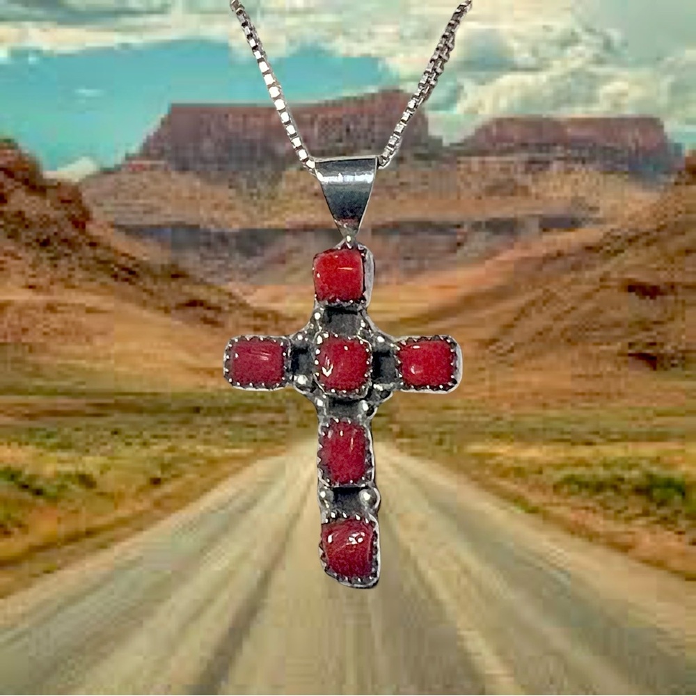 Sterling Silver Coral Running Bear Cross Necklace 18”